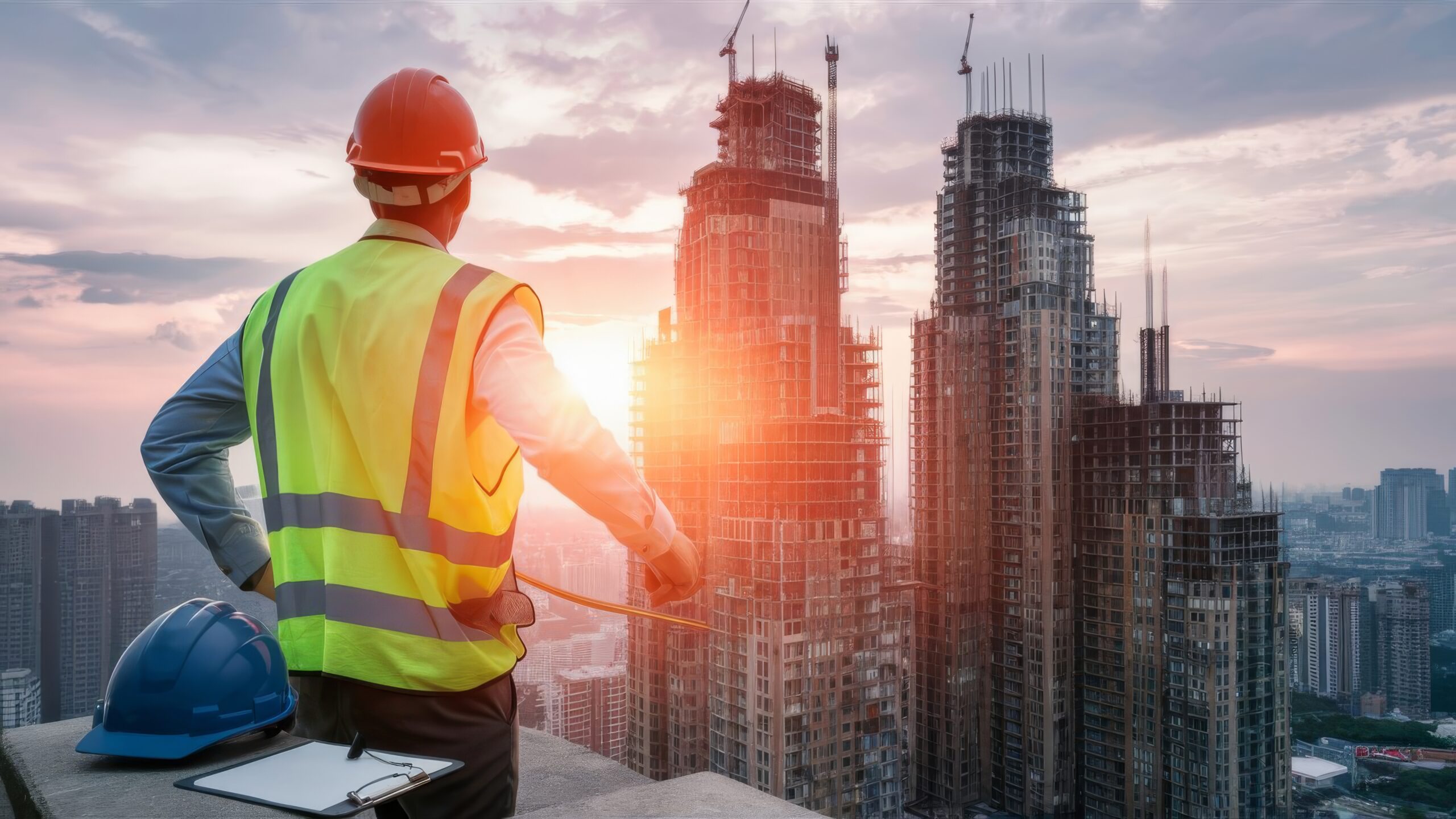 Back view of a construction engineer wearing a safety helmet and reflective clothing, assessing project success