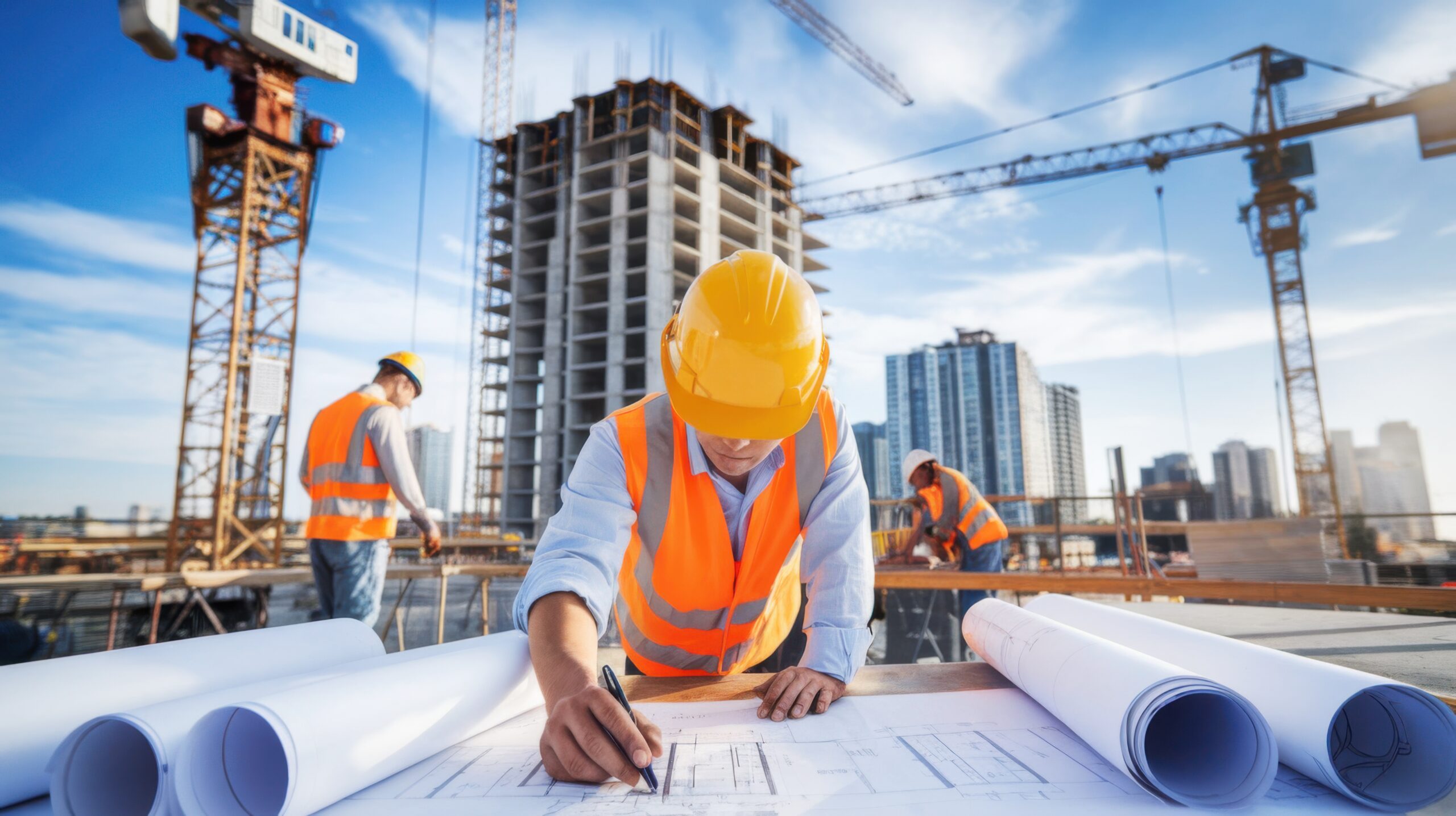 Dynamic construction scene showcasing workers engaged in urban building projects, highlighting teamwork and the vibrant energy of city development.